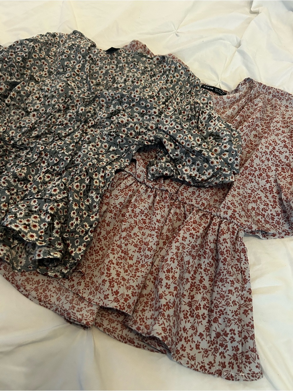 (2) SHEIN Floral Puff-Sleeve Smocked Peplum Tops. Size small.